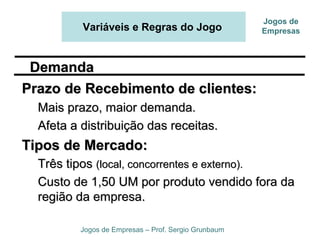 Variáveis e Regras do Jogo
Jogos de Empresas – Prof. Sergio Grunbaum
Jogos de
Empresas
Prazo de Recebimento de clientes:Prazo de Recebimento de clientes:
Mais prazo, maior demanda.Mais prazo, maior demanda.
Afeta a distribuição das receitas.Afeta a distribuição das receitas.
Tipos de Mercado:Tipos de Mercado:
Três tiposTrês tipos (local, concorrentes e externo).(local, concorrentes e externo).
Custo de 1,50 UM por produto vendido fora daCusto de 1,50 UM por produto vendido fora da
região da empresa.região da empresa.
DemandaDemanda
 