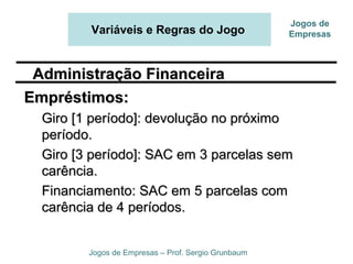 Variáveis e Regras do Jogo
Jogos de Empresas – Prof. Sergio Grunbaum
Jogos de
Empresas
Empréstimos:Empréstimos:
Giro [1 período]: devolução no próximoGiro [1 período]: devolução no próximo
período.período.
Giro [3 período]: SAC em 3 parcelas semGiro [3 período]: SAC em 3 parcelas sem
carência.carência.
Financiamento: SAC em 5 parcelas comFinanciamento: SAC em 5 parcelas com
carência de 4 períodos.carência de 4 períodos.
Administração FinanceiraAdministração Financeira
 