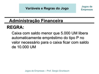 Variáveis e Regras do Jogo
Jogos de Empresas – Prof. Sergio Grunbaum
Jogos de
Empresas
REGRA:REGRA:
Caixa com saldo menor que 5.000 UM liberaCaixa com saldo menor que 5.000 UM libera
automaticamente empréstimo do tipo P noautomaticamente empréstimo do tipo P no
valor necessário para o caixa ficar com saldovalor necessário para o caixa ficar com saldo
de 10.000 UMde 10.000 UM
Administração FinanceiraAdministração Financeira
 
