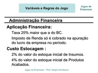 Variáveis e Regras do Jogo
Jogos de Empresas – Prof. Sergio Grunbaum
Jogos de
Empresas
Aplicação Financeira:Aplicação Financeira:
Taxa 25% maior que a do BC.Taxa 25% maior que a do BC.
Imposto de Renda só é cobrado na apuraçãoImposto de Renda só é cobrado na apuração
do lucro da empresa no período.do lucro da empresa no período.
Custo Estocagem :Custo Estocagem :
2% do valor do estoque inicial de Insumos.2% do valor do estoque inicial de Insumos.
4% do valor do estoque inicial de Produtos4% do valor do estoque inicial de Produtos
Acabados.Acabados.
Administração FinanceiraAdministração Financeira
 