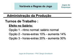 Variáveis e Regras do Jogo
Jogos de Empresas – Prof. Sergio Grunbaum
Jogos de
Empresas
Turnos de Trabalho :Turnos de Trabalho :
Efeito no Salário:Efeito no Salário:
Opção 1 - ritmo normal: salário normalOpção 1 - ritmo normal: salário normal
Opção 2 - horas-extras 10% - aumenta 14%Opção 2 - horas-extras 10% - aumenta 14%
Opção 3 - horas-extras 20% - aumenta 30%Opção 3 - horas-extras 20% - aumenta 30%
Administração da ProduçãoAdministração da Produção
 