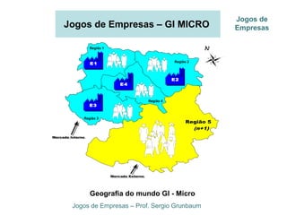 Jogos de Empresas – GI MICRO
Jogos de Empresas – Prof. Sergio Grunbaum
Jogos de
Empresas
Geografia do mundo GI - Micro
Mercado Externo
Região 5
(n+1)
Mercado Externo
E4
E2
E1
E3
Região 3
Região 4
Região 1
Região 2
N
Mercado InternoMercado Interno
 