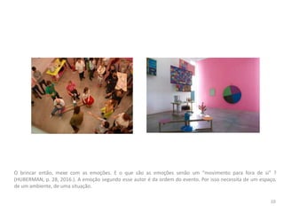 O brincar então, mexe com as emoções. E o que são as emoções senão um “movimento para fora de si” ?
(HUBERMAN, p. 28, 2016.). A emoção segundo esse autor é da ordem do evento. Por isso necessita de um espaço,
de um ambiente, de uma situação.
10
 