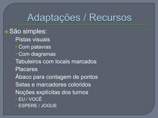 São simples:
• Pistas visuais
 Com palavras
 Com diagramas
• Tabuleiros com locais marcados
• Placares
• Ábaco para contagem de pontos
• Setas e marcadores coloridos
• Noções explícitas dos turnos
 EU / VOCÊ
 ESPERE / JOGUE
 