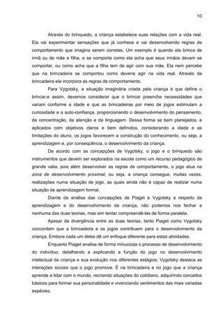 10



       Através do brinquedo, a criança estabelece suas relações com a vida real.
Ela vai experimentar sensações que já conhece e vai desenvolvendo regras de
comportamento que imagina serem corretas. Um exemplo é quando ela brinca de
irmã ou de mãe e filha, e se comporta como ela acha que seus irmãos devam se
comportar, ou como acha que a filha tem de agir com sua mãe. Ela nem percebe
que na brincadeira se comportou como deveria agir na vida real. Através da
brincadeira ela incorpora as regras de comportamento.
       Para Vygotsky, a situação imaginária criada pela criança é que define o
brincar,e assim, devemos considerar que o brincar preenche necessidades que
variam conforme a idade e que as brincadeiras por meio de jogos estimulam a
curiosidade e a auto-confiança, proporcionando o desenvolvimento do pensamento,
da concentração, da atenção e da linguagem. Dessa forma se bem planejados, e
aplicados com objetivos claros e bem definidos, considerando a idade e as
limitações do aluno, os jogos favorecem a construção do conhecimento, ou seja, a
aprendizagem e, por conseqüência, o desenvolvimento da criança.
       De acordo com as concepções de Vygotsky, o jogo e o brinquedo são
instrumentos que devem ser explorados na escola como um recurso pedagógico de
grande valia, pois além desenvolver as regras de comportamento, o jogo atua na
zona de desenvolvimento proximal, ou seja, a criança consegue, muitas vezes,
realizações numa situação de jogo, as quais ainda não é capaz de realizar numa
situação de aprendizagem formal.
       Diante da análise das concepções de Piaget e Vygotsky a respeito da
aprendizagem e do desenvolvimento da criança, não podemos nos fechar a
nenhuma das duas teorias, mas sim tentar compreendê-las de forma paralela.
       Apesar da divergência entre as duas teorias, tanto Piaget como Vygotsky
concordam que a brincadeira e os jogos contribuem para o desenvolvimento da
criança. Embora cada um deles dê um enfoque diferente para estas atividades.
       Enquanto Piaget analisa de forma minuciosa o processo de desenvolvimento
do indivíduo, detalhando e explicando a função do jogo no desenvolvimento
intelectual da criança e sua evolução nos diferentes estágios; Vygotsky destaca as
interações sociais que o jogo promove. É na brincadeira e no jogo que a criança
aprende a lidar com o mundo, recriando situações do cotidiano, adquirindo conceitos
básicos para formar sua personalidade e vivenciando sentimentos das mais variadas
espécies.
 