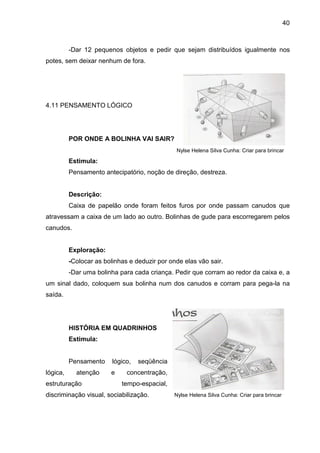 40



          -Dar 12 pequenos objetos e pedir que sejam distribuídos igualmente nos
potes, sem deixar nenhum de fora.




4.11 PENSAMENTO LÓGICO




          POR ONDE A BOLINHA VAI SAIR?
                                               Nylse Helena Silva Cunha: Criar para brincar

          Estimula:
          Pensamento antecipatório, noção de direção, destreza.


          Descrição:
          Caixa de papelão onde foram feitos furos por onde passam canudos que
atravessam a caixa de um lado ao outro. Bolinhas de gude para escorregarem pelos
canudos.


          Exploração:
          -Colocar as bolinhas e deduzir por onde elas vão sair.
          -Dar uma bolinha para cada criança. Pedir que corram ao redor da caixa e, a
um sinal dado, coloquem sua bolinha num dos canudos e corram para pega-la na
saída.




          HISTÓRIA EM QUADRINHOS
          Estimula:


          Pensamento     lógico,   seqüência
lógica,     atenção     e     concentração,
estruturação                tempo-espacial,
discriminação visual, sociabilização.          Nylse Helena Silva Cunha: Criar para brincar
 