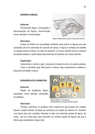 42



        QUEBRA-CABEÇA




        Estimula:
        Pensamento lógico, composição e
decomposição de figuras, discriminação
visual, atenção e concentração.

                                               Nylse Helena Silva Cunha: Criar para brincar
        Descrição:
        Caixas de fósforo em quantidade suficiente para cobrir as figuras que são
colocadas uma em cada lado do conjunto de caixas. A figura é cortada com estilete
no espaço entre as caixas. Ao redor do desenho, um durex colorido forma a moldura
do quebra-cabeça. A parte lateral das caixinhas foi fechada com durex colorido.


        Exploração:
        -Desmontar e montar o jogo, compondo o desenho como um quebra-cabeça.
        -Caso a atividade seja difícil para a criança, faça inicialmente a moldura e
peça para completar a figura.




        SEQUÊNCIA DE ATRIBUTOS


        Estimula:
        Noção    de   seqüência    lógica,
percepção visual, atenção, percepção
de detalhes.
                                             Santa Marli P. dos Santos.
                                             Brinquedoteca: Sucata vira Brinquedo
        Descrição:
        Tampas, caixinhas, ou qualquer outro material em que possam ser coladas
figuras e papel colorido. Encapar as caixinhas com papel da mesma cor. Escolher
uma figura para ser o padrão. Recortar e colar nas caixinhas partes da figura, de
modo que em cada peça seja acrescido um atributo (parte da figura) até que a
última peça represente a figura total.
 