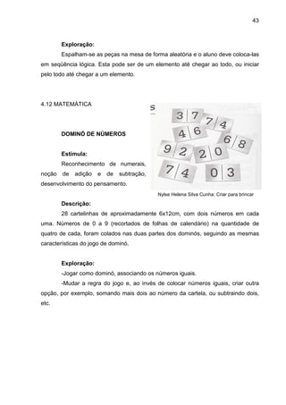 43



        Exploração:
        Espalham-se as peças na mesa de forma aleatória e o aluno deve coloca-las
em seqüência lógica. Esta pode ser de um elemento até chegar ao todo, ou iniciar
pelo todo até chegar a um elemento.




4.12 MATEMÁTICA




        DOMINÓ DE NÚMEROS


        Estimula:
        Reconhecimento de numerais,
noção   de   adição   e   de   subtração,
desenvolvimento do pensamento.
                                            Nylse Helena Silva Cunha: Criar para brincar
        Descrição:
        28 cartelinhas de aproximadamente 6x12cm, com dois números em cada
uma. Números de 0 a 9 (recortados de folhas de calendário) na quantidade de
quatro de cada, foram colados nas duas partes dos dominós, seguindo as mesmas
características do jogo de dominó.


        Exploração:
        -Jogar como dominó, associando os números iguais.
        -Mudar a regra do jogo e, ao invés de colocar números iguais, criar outra
opção, por exemplo, somando mais dois ao número da cartela, ou subtraindo dois,
etc.
 
