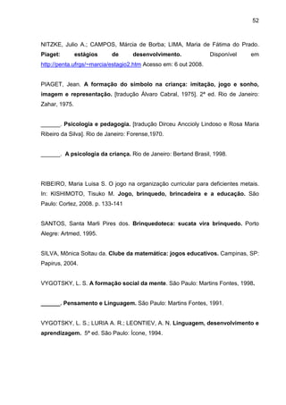 52



NITZKE, Julio A.; CAMPOS, Márcia de Borba; LIMA, Maria de Fátima do Prado.
Piaget:        estágios    de      desenvolvimento.              Disponível   em
http://penta.ufrgs/~marcia/estagio2.htm Acesso em: 6 out 2008.


PIAGET, Jean. A formação do símbolo na criança: imitação, jogo e sonho,
imagem e representação. [tradução Álvaro Cabral, 1975]. 2ª ed. Rio de Janeiro:
Zahar, 1975.


______. Psicologia e pedagogia. [tradução Dirceu Anccioly Lindoso e Rosa Maria
Ribeiro da Silva]. Rio de Janeiro: Forense,1970.


______. A psicologia da criança. Rio de Janeiro: Bertand Brasil, 1998.




RIBEIRO, Maria Luisa S. O jogo na organização curricular para deficientes metais.
In: KISHIMOTO, Tisuko M. Jogo, brinquedo, brincadeira e a educação. São
Paulo: Cortez, 2008. p. 133-141


SANTOS, Santa Marli Pires dos. Brinquedoteca: sucata vira brinquedo. Porto
Alegre: Artmed, 1995.


SILVA, Mônica Soltau da. Clube da matemática: jogos educativos. Campinas, SP:
Papirus, 2004.


VYGOTSKY, L. S. A formação social da mente. São Paulo: Martins Fontes, 1998.


______. Pensamento e Linguagem. São Paulo: Martins Fontes, 1991.


VYGOTSKY, L. S.; LURIA A. R.; LEONTIEV, A. N. Linguagem, desenvolvimento e
aprendizagem. 5ª ed. São Paulo: Ícone, 1994.
 