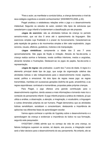 7



        “Para o autor, ao manifestar a conduta lúdica, a criança demonstra o nível de
seus estágios cognitivos e constrói conhecimentos” (KISHIMOTO,2008, p.32).
        Piaget analisou e estabeleceu relações entre o jogo e o desenvolvimento
intelectual. Segundo os estudos do autor, existem três tipos de estruturas que
caracterizam o jogo infantil e fundamentam a classificação por ele proposta:
        -Jogos de exercício: são as atividades lúdicas da criança no período
sensório-motor, que vai dos 0 anos até o aparecimento da linguagem. São
exercícios simples cuja finalidade é o prazer do funcionamento. Caracterizam-se
pela repetição de gestos e de movimentos simples e têm valor exploratório. Jogos
sonoros, visuais, olfativos, gustativos, motores e de manipulação.
        -Jogos     simbólicos:        compreende   a   idade    dos   2   aos   7   anos
aproximadamente. São jogos de ficção e imitação. Através do faz-de-conta, a
criança realiza sonhos e fantasias, revela conflitos interiores, medos e angústias,
aliviando tensões e frustrações. Destacam-se os jogos de papéis, faz-de-conta e
representação.
        -Jogos de regras: são praticados a partir dos 7 anos de idade. A regra é o
elemento principal deste tipo de jogo, que surge da organização coletiva das
atividades lúdicas e são indispensáveis para o desenvolvimento moral, cognitivo,
social, político e emocional. Há dois tipos de regras nesse jogo: as regras
transmitidas, mantidas em sucessivas gerações (bolinha de gude, amarelinha), e as
regras espontâneas: contratual e momentânea, propostas pelas próprias crianças.
        Para     Piaget,   o   jogo    oferece   uma   grande    contribuição   para   o
desenvolvimento cognitivo, dando acesso a mais informações e tornando mais rico o
conteúdo do pensamento infantil. O jogo infantil propicia a prática do intelecto, já que
utiliza a análise, a observação, a atenção, a imaginação, o vocabulário, a linguagem
e outras dimensões próprias do ser humano. Piaget demonstrou que as atividades
lúdicas sensibilizam, socializam e conscientizam, destacando a importância de
aplicá-las nas diferentes fases da aprendizagem escolar.
        Vamos agora conhecer a opinião de Vygotsky sobre o desenvolvimento e a
aprendizagem da criança e evidenciar a importância do lúdico na sua formação,
segundo este pesquisador.
        VYGOTSKY (1998) admite que no começo da vida de uma criança, os
fatores biológicos superam os sociais, só depois, aos poucos, a integração social
será o fator decisivo para o desenvolvimento do seu pensamento. No entanto, ele se
 
