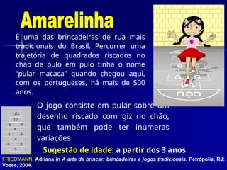 O jogo consiste em pular sobre um
desenho riscado com giz no chão,
que também pode ter inúmeras
variações
Sugestão de idade: a partir dos 3 anos
É uma das brincadeiras de rua mais
tradicionais do Brasil. Percorrer uma
trajetória de quadrados riscados no
chão de pulo em pulo tinha o nome
“pular macaca” quando chegou aqui,
com os portugueses, há mais de 500
anos.
FRIEDMANN, Adriana in A arte de brincar: brincadeiras e jogos tradicionais. Petrópolis, RJ:
Vozes, 2004.
 
