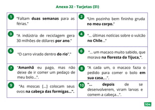 Anexo J2 - Tarjetas (31)
“Faltam duas semanas para as
férias.”
“Um pozinho bem fininho gruda
no meu corpo.”
“A indústria de reciclagem gera
30 milhões de dólares por ano.”
“... últimas notícias sobre o vulcão
no Chile...”
“O carro virado dentro do rio”.”
“... um macaco muito sabido, que
morava na floresta da Tijuca,”.
“Amanhã eu pago, mas não
deixe de ir comer um pedaço de
meu bolo...”.
“A cada um, o macaco fazia o
pedido para comer o bolo em
sua casa,...”.
“As moscas [...] colocam seus
ovos na cabeça das formigas...”.
“... depois de se
desenvolverem, viram larvas e
comem a cabeça...”.
104
 