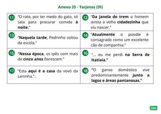 Anexo J3 - Tarjetas (31)
11 12
13 14
15 16
17 18
“O rato, por ter medo do gato, só
saía para procurar comida à
noite.”
“Da janela do trem o homem
avista a velha cidadezinha que
viu nascer.”
“Naquela tarde, Pedrinho voltou
da escola.”
“Atualmente o poodle é
consagrado como um excelente
cão de companhia.”
“Nessa época, os ipês com mais
de cinco anos florescem.”
“... eu me perdi na Serra de
Itatiaia.”
“Esta aqui é a casa da vovó da
Leninha.”..
“O ganso doméstico vive
predominantemente junto a
lagos e áreas pantanosas.”
105
 