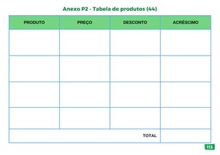 Anexo P2 - Tabela de produtos (44)
PRODUTO PREÇO DESCONTO ACRÉSCIMO
TOTAL
113
 