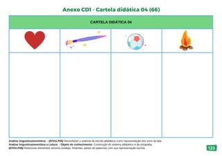 CARTELA DIDÁTICA 04
Anexo CD1 - Cartela didática 04 (66)
Análise linguística/semiótica - (EF01LP05) Reconhecer o sistema de escrita alfabética como representação dos sons da fala.
Análise linguística/semiótica e Leitura - Objeto de conhecimento: Construção do sistema alfabético e da ortografia.
(EF01LP08) Relacionar elementos sonoros (sílabas, fonemas, partes de palavras) com sua representação escrita. 123
 