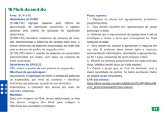 27
Anos: 3º, 4º e 5º.
Habilidades do DCRC:
(EF01LP15) Agrupar palavras pelo critério de
aproximação de significado (sinonímia) e separar
palavras pelo critério de oposição de significado
(antonímia).
(EF02LP10) Identificar sinônimos de palavras de texto
lido, determinando a diferença de sentido entre eles, e
formar antônimos de palavras encontradas em texto lido
pelo acréscimo do prefixo de negação in-/im-.
(EF35LP05) Inferir o sentido de palavras ou expressões
desconhecidas em textos, com base no contexto da
frase ou do texto.
Descritores do SPAECE:
D15 - Inferir o sentido de uma palavra ou expressão.
Objetivos de aprendizagem:
Desenvolver a habilidade de inferir o sentido de palavras
ou expressões, por meio do contexto; • Identificar
sinônimos das palavras, a partir do uso em textos;
Potencializar a oralidade dos alunos por meio de
questões subjetivas.
Materiais:
Dado com imagens do Flork; textos selecionados a nível
dos alunos; imagens dos Flork para colagem e
referência aos envelopes; envelopes.
16 Flork do sentido
Passo a passo:
1 - Separar os alunos em agrupamentos produtivos
(sugerimos três).
2 - Eles devem escolher um representante do grupo
para jogar o dado.
3 - Orientar que o representante da equipe deve ir até os
envelopes e retirar o texto que corresponde ao Flork
sorteado no dado.
4 - Eles devem ler, discutir e apresentar a resposta em
voz alta. O professor deve intervir após a resposta,
acrescentando informações, orientando e apresentando,
se for o caso, esquemas de como resolver o item.
5 - Repetir os mesmos procedimentos em cada uma das
duas rodadas (sendo duas por cada equipe).
6 - Ganha o grupo que, ao final da atividade, tiver a
maior quantidade de pontos. Se todos acertarem, todos
os grupos serão vencedores.
Link dos anexos:
https://drive.google.com/drive/folders/1VDLWP5BgbLRB
yUN_cEXLmfXAjoit4Efr?usp=sharing
 