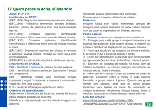 Identificar sílabas canônicas e não canônicas.
Formas novas palavras utilizando as sílabas.
Materiais:
Imagem lúdica com vários elementos; seleção de
imagens para serem buscadas de cada rodada; tarjetas
com as palavras separadas em sílabas; tesouras.
Passo a passo:
1 - Separar os alunos em agrupamentos produtivos.
2 - Entregar para cada grupo a imagem impressa e as
tarjetas das palavras. Eles devem colocar a imagem no
centro e distribuir as tarjetas com as palavras inteiras.
3 - Pedir que localizem as imagens da primeira rodada.
O primeiro grupo a localizar, marca 1 ponto.
4 - Pedir que identifiquem as tarjetas que correspondem
às representações escritas. Ao localizar, marca 1 ponto.
5 - Escrever as palavras da rodada na lousa, com as
sílabas separadas. Ler com as crianças. Reconhecer as
sílabas iniciais, finais e mediais.
6 - Pedir que as crianças cortem as sílabas de todas as
palavras, espalhem sobre a mesa. A cada palavra
formada, o grupo marca 1 ponto. Quando um grupo
formar uma palavra, pedir que os outros grupos
localizem suas sílabas na mesa, ler separando as
sílabas oralmente, reconhecer sílabas iniciais, finais e
mediais, comparar as sílabas dessas novas palavras.
Link dos anexos:
https://drive.google.com/drive/folders/1N0-
JflRejlJkW1S3wczpE4CDxvPP5PVP?usp=sharing 28
Anos: 1º, 2º e 3º.
Habilidades do DCRC:
(EF01LP06) Segmentar oralmente palavras em sílabas.
(EF01LP08) Relacionar elementos sonoros (sílabas,
fonemas, partes de palavras) com sua representação
escrita.
(EF01LP09) Comparar palavras, identificando
semelhanças e diferenças entre sons de sílabas iniciais.
(EF01LP13) Comparar palavras, identificando
semelhanças e diferenças entre sons de sílabas mediais
e finais.
(EF02LP02) Segmentar palavras em sílabas e remover
e substituir sílabas iniciais, mediais ou finais para criar
novas palavras.
(EF15LP03) Localizar informações explícitas em textos.
Descritores do SPAECE:
D07 - Identificar o número de sílabas de uma palavra.
D08 - Identificar sílabas canônicas (consoante / vogal)
em uma palavra.
D09 - Identificar sílabas não canônicas (vogal,
consoante / vogal / consoante, consoante / consoante /
vogal etc.) em uma palavra.
D13 - Localizar informação explícita em textos.
Objetivos de aprendizagem:
Desenvolver a habilidade de localizar, através da busca
pelas imagens pedidas no desenho.
Identificar a representação escrita dessas imagens em
palavras.
17 Quem procura acha, silabando!
 