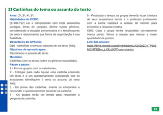 32
Anos: 2º, 3º, 4º, 5º.
Habilidades do DCRC:
(EF02LP12) Ler e compreender com certa autonomia
cantigas, letras de canções, dentre outros gêneros,
considerando a situação comunicativa e o tema/assunto
do texto e relacionando sua forma de organização à sua
finalidade.
Descritores do SPAECE:
D18 - Identificar o tema ou assunto de um texto (lido).
Objetivos de aprendizagem:
Reconhecer o assunto do texto.
Materiais:
Cartinhas com os textos sobre os gêneros trabalhados.
Passo a passo:
1 - Formar grupos com os estudantes;
2 - Entregar para cada equipe uma cartinha contendo
um texto e a um questionamento (solicitando que os
estudantes identifiquem o tema ou assunto do texto
lido);
3 - De posse das cartinhas, oriente os educandos a
responder o questionamento presente na cartinha;
4 - Os grupos terão um tempo para responder a
pergunta da cartinha;
21 Cartinhas do tema ou assunto do texto
5 - Finalizado o tempo, os grupos deverão fazer a leitura
de seus respectivos textos e o professor juntamente
com a turma realizará a análise do mesmo para
encontrar a resposta correta.
OBS: Caso o grupo tenha respondido corretamente
marca ponto; Vence a equipe que marcar a maior
quantidade de pontos.
Link dos anexos:
https://drive.google.com/drive/folders/1AZvZpZGgTP6o3
Ml2MTlDBvv_LXBzUXFl?usp=sharing
 