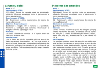 50
Anos: 1º, 2º.
Habilidades do DCRC:
(EF01MA02) Contar de maneira exata ou aproximada,
utilizando diferentes estratégias como o pareamento e
outros agrupamentos.
Descritores do SPAECE:
D1 - Reconhecer e utilizar características do sistema de
numeração decimal.
Objetivos de aprendizagem:
Estabelecer a relação entre o número e a quantidade.
Promover a contagem dos números. Desenvolver a
atenção. Estimular a percepção visual.
Materiais:
Um dado, contendo os números 1 e 2, objetos dentro de
uma caixa ou de um saco.
Passo a passo:
Com a turma em círculo, apresente para os alunos um
dado, com apenas dois números, 1 e 2. Ao jogar o dado, o
aluno vai retirar da sacola a quantidade correspondente de
acordo com o número. Por exemplo, ao sair o número 1, vai
pegar um objeto. Pode-se adaptar também para o conceito
de ímpar ou par.
33 Um ou dois?
Anos: 1º.
Habilidades do DCRC:
(EF01MA02) Contar de maneira exata ou aproximada,
utilizando diferentes estratégias como o pareamento e
outros agrupamentos.
Descritores do SPAECE:
D1 - Reconhecer e utilizar características do sistema de
numeração decimal.
Objetivos de aprendizagem:
Quantificar elementos.
Materiais:
1 roleta com seta no centro e figuras das emoções (emojis)
coladas nas bordas da roleta. 20 cartelas com as figuras
das emoções (2 cartelas de cada emoção - tristeza, alegria,
medo, raiva, nojo etc.). Números de 0 a 10 em cartelas ou
E.V.A.
Passo a passo:
Em um roleta, distribua emojis das emoções, no centro uma
seta. A criança gira a roleta e, quando parar na emoção, ela
tem direito de pegar aquela emoção (cartela), quem fizer
mais pares das emoções vence o jogo. Primeiro, a criança
tira par ou ímpar para decidir quem vai começar. A criança
gira a roleta, onde a roleta parar, a criança pega a cartela
correspondente à emoção indicada na seta, tendo direito de
jogar duas vezes. Se a criança não acertar a mesma
emoção, passa o direito para o outro estudante. Quando
todos tirarem as cartas, aquele aluno que fizer o maior
número de pares vence o jogo. Além de trabalhar diversas
possibilidades cognitivas, podem ser abordadas, as
competências socioemocionais.
34 Roleta das emoções
 
