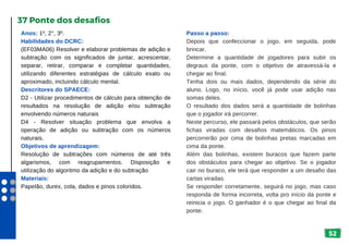 52
Anos: 1º, 2°, 3º.
Habilidades do DCRC:
(EF03MA06) Resolver e elaborar problemas de adição e
subtração com os significados de juntar, acrescentar,
separar, retirar, comparar e completar quantidades,
utilizando diferentes estratégias de cálculo exato ou
aproximado, incluindo cálculo mental.
Descritores do SPAECE:
D2 - Utilizar procedimentos de cálculo para obtenção de
resultados na resolução de adição e/ou subtração
envolvendo números naturais
D4 - Resolver situação problema que envolva a
operação de adição ou subtração com os números
naturais.
Objetivos de aprendizagem:
Resolução de subtrações com números de até três
algarismos, com reagrupamentos. Disposição e
utilização do algoritmo da adição e do subtração
Materiais:
Papelão, durex, cola, dados e pinos coloridos.
37 Ponte dos desafios
Passo a passo:
Depois que confeccionar o jogo, em seguida, pode
brincar.
Determine a quantidade de jogadores para subir os
degraus da ponte, com o objetivo de atravessá-la e
chegar ao final.
Tenha dois ou mais dados, dependendo da série do
aluno. Logo, no início, você já pode usar adição nas
somas deles.
O resultado dos dados será a quantidade de bolinhas
que o jogador irá percorrer.
Neste percurso, ele passará pelos obstáculos, que serão
fichas viradas com desafios matemáticos. Os pinos
percorrerão por cima de bolinhas pretas marcadas em
cima da ponte.
Além das bolinhas, existem buracos que fazem parte
dos obstáculos para chegar ao objetivo. Se o jogador
cair no buraco, ele terá que responder a um desafio das
cartas viradas.
Se responder corretamente, seguirá no jogo, mas caso
responda de forma incorreta, volta pro início da ponte e
reinicia o jogo. O ganhador é o que chegar ao final da
ponte.
 
