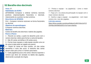 62
Anos: 5º.
Habilidades do DCRC:
(EF05MA05) Comparar e ordenar números racionais
positivos (representações fracionária e decimal),
relacionando-os a pontos na reta numérica.
Descritores do SPAECE:
D14 - Comparar números racionais na forma fracionária
ou decimal.
Objetivos de aprendizagem:
Comparar números decimais.
Materiais:
Cartas do baralho dos decimais e tabela das jogadas.
Passo a Passo:
1 - Recorte as cartas, a parte do desenho junto com o
número decimal, dobre para formar a carta de baralho.
2 - São 20 cartas vermelhas e 20 cartas azuis.
3 - Formar duas equipes e cada equipe escolhe uma cor
de carta (o jogo pode ser jogado aos pares).
4 - Dispor as cartas em dois montes, um das cartas
vermelhas e outro das azuis. O desenho das cartas
devem estar para cima e o número para baixo.
5 - Cada jogador(a) puxa uma carta e desvira expondo o
número que deve ser anotado na tabela das jogadas,
observando a posição da vírgula.
52 Baralho dos decimais
6 - Pontua a equipe - ou jogador(a) - como o maior
número decimal.
7 - Faça um x na coluna da pontuação na equipe com o
maior número decimal.
8 - Ganha o jogo a equipe - ou jogador(a) - com maior
número de x nas dez jogadas.
Link dos anexos:
https://drive.google.com/drive/folders/1cMVYtSe1UrFJY
ZNYBsUS6X6bQgOCG-Gv?usp=sharing
 