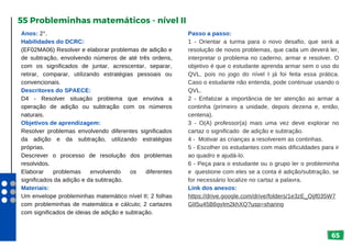 65
Anos: 2°.
Habilidades do DCRC:
(EF02MA06) Resolver e elaborar problemas de adição e
de subtração, envolvendo números de até três ordens,
com os significados de juntar, acrescentar, separar,
retirar, comparar, utilizando estratégias pessoais ou
convencionais.
Descritores do SPAECE:
D4 - Resolver situação problema que envolva a
operação de adição ou subtração com os números
naturais.
Objetivos de aprendizagem:
Resolver problemas envolvendo diferentes significados
da adição e da subtração, utilizando estratégias
próprias.
Descrever o processo de resolução dos problemas
resolvidos.
Elaborar problemas envolvendo os diferentes
significados da adição e da subtração.
Materiais:
Um envelope probleminhas matemático nível II; 2 folhas
com probleminhas de matemática e cálculo; 2 cartazes
com significados de ideias de adição e subtração.
55 Probleminhas matemáticos - nível II
Passo a passo:
1 - Orientar a turma para o novo desafio, que será a
resolução de novos problemas, que cada um deverá ler,
interpretar o problema no caderno, armar e resolver. O
objetivo é que o estudante aprenda armar sem o uso do
QVL, pois no jogo do nível I já foi feita essa prática.
Caso o estudante não entenda, pode continuar usando o
QVL.
2 - Enfatizar a importância de ter atenção ao armar a
continha (primeiro a unidade, depois dezena e, então,
centena).
3 - O(A) professor(a) mais uma vez deve explorar no
cartaz o significado de adição e subtração.
4 - Motivar as crianças a resolverem as continhas.
5 - Escolher os estudantes com mais dificuldades para ir
ao quadro e ajudá-lo.
6 - Peça para o estudante ou o grupo ler o probleminha
e questione com eles se a conta é adição/subtração, se
for necessário localize no cartaz a palavra.
Link dos anexos:
https://drive.google.com/drive/folders/1e3zE_Qjjf035W7
GII5u45B6gyIm2khXQ?usp=sharing
 