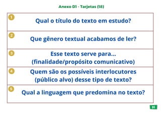 91
Anexo D1 - Tarjetas (18)
Qual o título do texto em estudo?
Que gênero textual acabamos de ler?
Esse texto serve para...
(finalidade/propósito comunicativo)
Quem são os possíveis interlocutores
(público alvo) desse tipo de texto?
Qual a linguagem que predomina no texto?
 