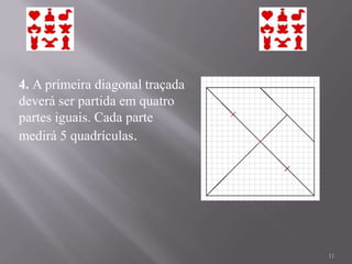 4. A primeira diagonal traçada
deverá ser partida em quatro
partes iguais. Cada parte
medirá 5 quadrículas.




                                 11
 