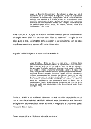 30
Jogos de Exercício Sensorimotor - Caracterizam a etapa que vai do
nascimento até o aparecimento da linguagem, apesar de reaparecerem
durante toda a infância O jogo surge primeiro, sob a forma de exercícios
simples cuja finalidade é o próprio prazer do funcionamento. Esses
exercícios caracterizam-se pela repetição de gestos e de movimentos
simples e têm valor exploratório. Dentro desta categoria podemos destacar
os seguintes jogos: sonoro, visual, tátil, olfativo, gustativo, motor e de
manipulação. (1995, p. 56)
Para exemplificar os jogos de exercício sensórios motores que são trabalhados na
educação infantil citarão as músicas como meio de estimular a audição, as mini
bolas para o tato, as refeições para o paladar e as brincadeiras com as bolas
grandes para aprimorar o desenvolvimento físico-motor.
Segundo Friedmann (1995, p. 56) a segunda forma é o:
Jogo Simbólico - Entre os dois e os seis anos a tendência lúdica
predominante se manifesta sob a forma de jogo simbólico. Nesta categoria o
jogo pode ser de ficção ou de imitação, tanta no que diz respeito à
transformação de objetos quanto ao desempenho de papéis. A função d
jogo simbólico consiste em assimilar a realidade. É através do faz-de-conta
que a criança realiza sonhos e fantasias, revela conflitos interiores, medos e
angústias, aliviando tensões e frustrações. O jogo simbólico é também um
meio de auto-expressão: ao reproduzir os diferentes papéis (de pai, mãe,
professor, aluno etc.), a criança imita situações da vida real. Nele, aquele
que brinca dá novos significados aos objetos, às pessoas, às ações, aos
fatos etc., inspirando-se em semelhanças mais ou menos fiéis às
representadas. Dentro dessa categoria destacam-se os jogos de faz-de-
conta, de papéis e de representação (estas denominações variam de um
autor para outro).
O teatro, os contos, as fabula são elementos para se trabalhar os jogos simbólicos,
pois é nesta fase a criança exterioriza todos os seus sentimentos, elas imitam as
situações que são vivenciadas no seu dia-a-dia. A imaginação é fundamental para a
realização destes jogos.
Para a autora Adriana Friedmann a terceira forma é o:
 