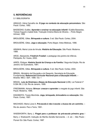 44
5. REFERÊNCIAS
5.1 BIBLIOGRAFIA
ARAÚJO, Vânia Carvalho de. O jogo no contexto da educação psicomotora. São
Paulo: Cortez, 1992.
BASSEDAS, Eulália. Aprender e ensinar na educação infantil / Eulália Bassedas,
Tereza Huguet e Isabel Sole; Tradução Cristina Maria de Oliveira. – Porto Alegre:
Artmed, 1999
BROUGÈRE, Gilles. Brinquedo e cultura. 5 ed. São Paulo: Cortez, 2004.
BROUGÈRE, Gilles. Jogo e educação. Porto Alegre: Artes Médicas, 1998.
ARANHA, Maria Lúcia de Arruda. História da Educação. São Paulo: Moderna.
1989.
ARCE, Alessandra. Friedrich Froebel: o pedagogo dos jardins de infância.
Petrópolis, RJ: Vozes, 2002.
ARIÉS, Philippe. História Social da Criança e da Família./ Segunda Edição. Rio de
Janeiro: Ed Guanabara, 1981.
BROUGÈRE, Gilles. Brinquedo e cultura. 5 ed. São Paulo: Cortez, 2004.
BRASIL, Ministério da Educação e do Desporto. Secretaria de Educação
Fundamental. Referencial Curricular Nacional para a Educação Infantil. –
Brasília: MEC / SEF, 1998. Vol. 1
BRASIL. Leis de Diretrizes e Bases da Educação Nacional (LDB). Lei Federal nº
9.394 /96, 2. Ed. Rio de Janeiro, 1999.
FRIEDMANN, Adriana. Brincar: crescer e aprender: o resgate do jogo infantil. São
Paulo: Moderna, 1996.
KISHIMOTO, Tizuko Morchida. Jogo, brinquedo, brincadeira e a educação. São
Paulo: Cortez, 1997.
MACHADO, Maria Lúcia A. Pré-escola é não é escola: a busca de um caminho. –
Rio de Janeiro: Paz e Terra, 1991.
WADSWORTH, Barry J. Piaget para o professor da pré-escola primeiro grau /
Barry J. Wadsworth; tradução de Marília Zanella Sanvicente. – 2. ed. – São Paulo :
Pioneir Ed- São Paulo: Cortez; 1987
 