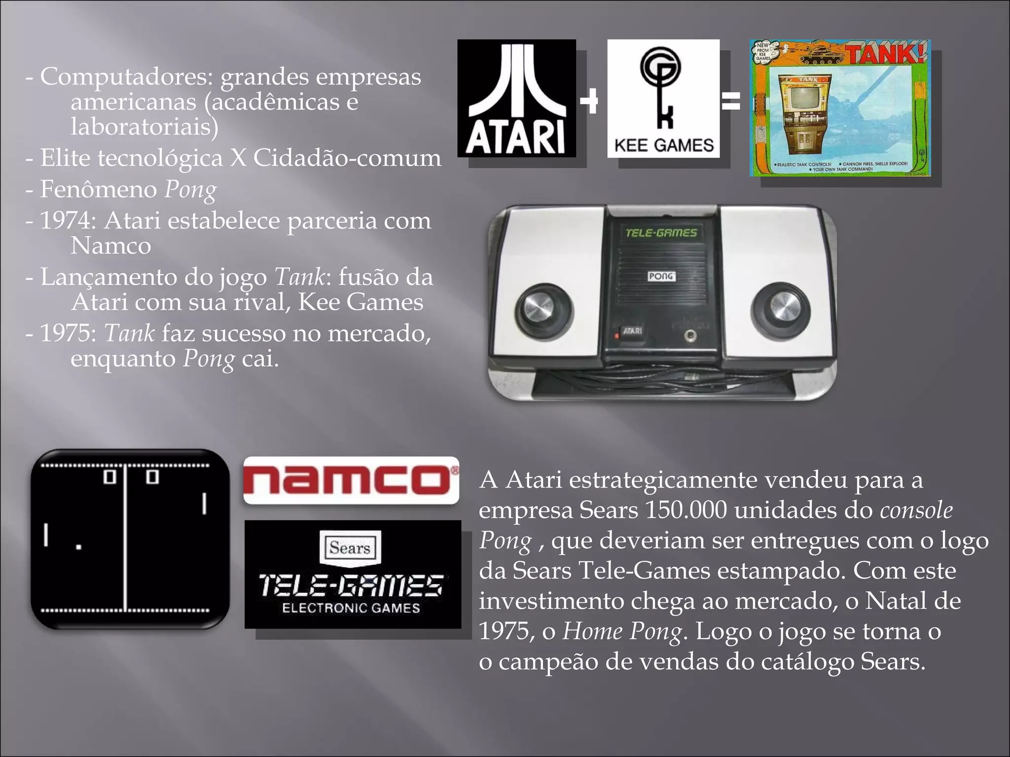 - Computadores: grandes empresas americanas (acadêmicas e laboratoriais) - Elite tecnológica X Cidadão-comum - Fenômeno  Pong -  1974: Atari estabelece parceria com Namco - Lançamento do jogo  Tank : fusão da Atari com sua rival, Kee Games - 1975:  Tank  faz sucesso no mercado, enquanto  Pong  cai. + = A Atari estrategicamente vendeu para a  empresa Sears 150.000 unidades do  console Pong  , que deveriam ser entregues com o logo da Sears Tele-Games estampado. Com este investimento chega ao mercado, o Natal de  1975, o  Home Pong . Logo o jogo se torna o  o campeão de vendas do catálogo Sears. 