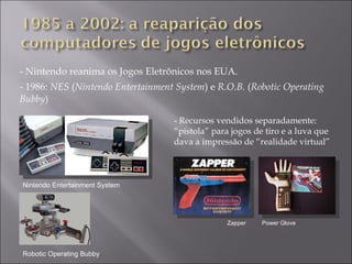 - Nintendo reanima os Jogos Eletrônicos nos EUA.  - 1986:  NES  ( Nintendo Entertainment System ) e  R.O.B.  ( Robotic Operating Bubby )  Nintendo Entertainment System Robotic Operating Bubby - Recursos vendidos separadamente: “pistola” para jogos de tiro e a luva que dava a impressão de “realidade virtual” Zapper Power Glove 