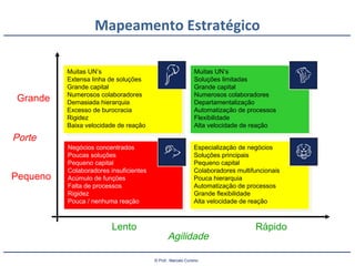 © Prof.: Marcelo Cursino
Mapeamento Estratégico
Pequeno
Grande
Lento Rápido
Negócios concentrados
Poucas soluções
Pequeno capital
Colaboradores insuficientes
Acúmulo de funções
Falta de processos
Rigidez
Pouca / nenhuma reação
Negócios concentrados
Poucas soluções
Pequeno capital
Colaboradores insuficientes
Acúmulo de funções
Falta de processos
Rigidez
Pouca / nenhuma reação
Especialização de negócios
Soluções principais
Pequeno capital
Colaboradores multifuncionais
Pouca hierarquia
Automatização de processos
Grande flexibilidade
Alta velocidade de reação
Especialização de negócios
Soluções principais
Pequeno capital
Colaboradores multifuncionais
Pouca hierarquia
Automatização de processos
Grande flexibilidade
Alta velocidade de reação
Agilidade
Porte
Muitas UN’s
Extensa linha de soluções
Grande capital
Numerosos colaboradores
Demasiada hierarquia
Excesso de burocracia
Rigidez
Baixa velocidade de reação
Muitas UN’s
Extensa linha de soluções
Grande capital
Numerosos colaboradores
Demasiada hierarquia
Excesso de burocracia
Rigidez
Baixa velocidade de reação
Muitas UN’s
Soluções limitadas
Grande capital
Numerosos colaboradores
Departamentalização
Automatização de processos
Flexibilidade
Alta velocidade de reação
Muitas UN’s
Soluções limitadas
Grande capital
Numerosos colaboradores
Departamentalização
Automatização de processos
Flexibilidade
Alta velocidade de reação
 