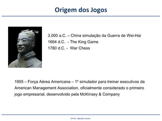 © Prof.: Marcelo Cursino
Origem dos Jogos
3.000 a.C. – China simulação da Guerra de Wei-Hai
1664 d.C. - The King Game
1780 d.C. - War Chess
1955 – Força Aérea Americana – 1º simulador para treinar executivos da
American Management Association, oficialmente considerado o primeiro
jogo empresarial, desenvolvido pela McKinsey & Company
 