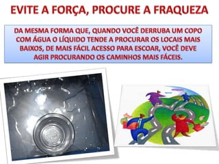EVITE A FORÇA, PROCURE A FRAQUEZADA MESMA FORMA QUE, QUANDO VOCÊ DERRUBA UM COPO COM ÁGUA O LÍQUIDO TENDE A PROCURAR OS LOCAIS MAIS BAIXOS, DE MAIS FÁCIL ACESSO PARA ESCOAR, VOCÊ DEVEAGIR PROCURANDO OS CAMINHOS MAIS FÁCEIS.