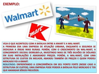 EXEMPLO:VEJA O QUE ACONTECEU COM A BATALHA ENTRE A KMART E A WAL-MART. A PRIMEIRA ERA UMA EMPRESA DE ATUAÇÃO URBANA, ENQUANTO A SEGUNDA SE DEDICAVA A ÁREAS MAIS RURAIS. PORÉM, COM O CRESCIMENTO DA WAL-MART, A CONCORRENTE DECIDIU DERRUBÁ-LA, INVESTINDO MAIS DE TRÊS BILHÕES DE DÓLARES EM SUAS INSTALAÇÕES E ABAIXANDO PREÇOS. PORÉM, A WAL-MART, COM UMA ESTRUTURA DE CUSTOS 5% MELHOR, ABAIXOU TAMBÉM OS PREÇOS E QUEM PERDEU MERCADO FOI A KMART.RESULTADO: ENFRENTANDO A CONCORRÊNCIA EM SEU PONTO FORTE (NESSE CASO A ESTRUTURA DE CUSTOS), UMA EMPRESA PODE PERDER A BATALHA PELO MERCADO E TER QUE AMARGAR SÉRIOS PREJUÍZOS.