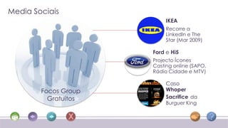 Media Sociais
                           IKEA
                           Recorre a
                           Linkedln e The
                           Star (Mar 2009)

                      Ford e Hi5
                      Projecto Ícones
                      Casting online (SAPO,
                      Rádio Cidade e MTV)

                           Caso
        Focos Group        Whoper
          Gratuítos        Sacrifice da
                           Burguer King
 