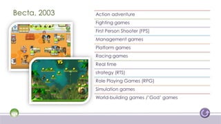 Becta, 2003   Action adventure
              Fighting games
              First Person Shooter (FPS)
              Management games
              Platform games
              Racing games
              Real time
              strategy (RTS)
              Role Playing Games (RPG)
              Simulation games
              World-building games /’God’ games
 