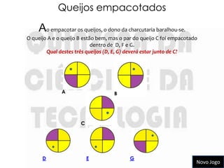 Queijos empacotados

    Ao empacotar os queijos, o dono da charcutaria baralhou-se.
O queijo A e o queijo B estão bem, mas o par do queijo C foi empacotado
                            dentro de D, F e G.
        Qual destes três queijos (D, E, G) deverá estar junto de C?




              A
                                           B
                                    B




                      C




      D                   E                G
                                                                      Novo Jogo
 