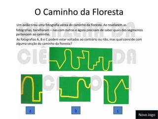 O Caminho da Floresta
Um avião tirou uma fotografia aérea do caminho da floresta. Ao revelarem as
fotografias, baralharam – nas com outras e agora precisam de saber quais dos segmentos
pertencem ao caminho.
As fotografias A, B e C podem estar voltadas ao contrário ou não, mas qual coincide com
alguma secção do caminho da floresta?




         a                              b                            c
                                                                                    Novo Jogo
 