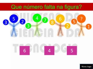 Que número falta na figura?

    5           4   7 8   6           ?
3       2                         5
            3                 2            1



        6            4            5

                                      Novo Jogo
 