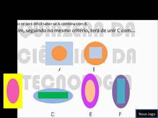 Rectângulo e elipses N ão te será difícil saber se A combina com B.  Assim, seguindo no mesmo critério, terá de unir C com… A B C D E F Novo Jogo 