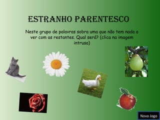 Estranho Parentesco Neste grupo de palavras sobra uma que não tem nada a ver com as restantes. Qual será? (clica na imagem intrusa) Novo Jogo 