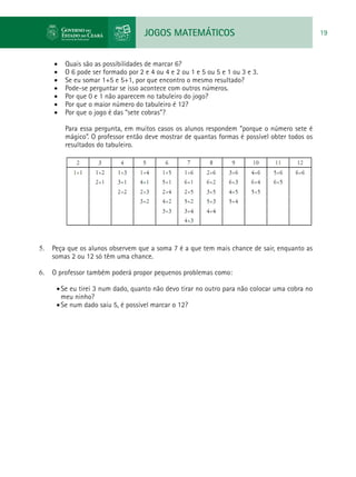 JOGOS MATEMÁTICOS 19
•	 Quais são as possibilidades de marcar 6?
•	 O 6 pode ser formado por 2 e 4 ou 4 e 2 ou 1 e 5 ou 5 e 1 ou 3 e 3.
•	 Se eu somar 1+5 e 5+1, por que encontro o mesmo resultado?
•	 Pode-se perguntar se isso acontece com outros números.
•	 Por que 0 e 1 não aparecem no tabuleiro do jogo?
•	 Por que o maior número do tabuleiro é 12?
•	 Por que o jogo é das “sete cobras”?
Para essa pergunta, em muitos casos os alunos respondem “porque o número sete é
mágico”. O professor então deve mostrar de quantas formas é possível obter todos os
resultados do tabuleiro.
5.	 Peça que os alunos observem que a soma 7 é a que tem mais chance de sair, enquanto as
somas 2 ou 12 só têm uma chance.
6.	 O professor também poderá propor pequenos problemas como:
•	Se eu tirei 3 num dado, quanto não devo tirar no outro para não colocar uma cobra no
meu ninho?
•	Se num dado saiu 5, é possível marcar o 12?
 