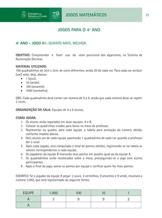 JOGOS MATEMÁTICOS 25
JOGOS PARA O 4º ANO
4º ANO - JOGO 01: QUANTO MAIS, MELHOR.
OBJETIVO: Compreender e fazer uso do valor posicional dos algarismos, no Sistema de
Numeração Decimal.
MATERIAL UTILIZADO:
100 quadradinhos de 3cm x 3cm, de cores diferentes, sendo 20 de cada cor. Para cada cor atribuir
(um) valor. Veja, abaixo:
•	 1 (azul);
•	 10 (verde);
•	 100 (amarelo);
•	 1000 (vermelho);
OBS: Cada quadradinho deve conter um número de 0 a 9, sendo que cada número deve-se repetir
2 vezes.
ORGANIZAÇÃO DA SALA: Equipes de 4 a 6 alunos.
COMO JOGAR:
1.	 Os alunos serão separados em duas equipes: A e B.
2.	 Colocar os quadrinhos virados para baixo na mesa do professor.
3.	 Representar no quadro, para cada equipe, a tabela para anotação do número obtido,
conforme modelo abaixo.
4.	 Dois alunos um de cada equipe apanharão 1 quadradinho de cada cor quando o professor
der o sinal.
5.	 Após cada jogada, será computado o total de pontos obtidos, registrando-se na tabela os
valores correspondentes a cada equipe.
6.	 Os jogadores da equipe B marcarão seus pontos em quadro igual ao da equipe A.
7.	 Os quadradinhos serão recolocados sobre a mesa, prosseguindo-se o jogo com outros
participantes.
8.	 Após o final do jogo, somar os pontos por equipe e verificar quem fez mais pontos.
EXEMPLO: Se o jogador da equipe A pegar: 2 azuis, 3 vermelhos, 9 amarelos e 9 verde, resultará o
número 3.992, que será representado da seguinte forma:
EQUIPE 1.000 100 10 1
A 3 9 9 2
A
 