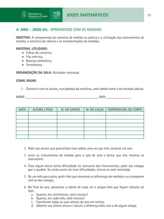 JOGOS MATEMÁTICOS 29
4º ANO - JOGO 05: APRENDENDO COM AS MEDIDAS
OBJETIVO: A compreensão do conceito de medida na prática e a utilização dos instrumentos de
medida, o exercício do cálculo e as transformações de medidas.
MATERIAL UTILIZADO:
•	 Folhas de cartolina;
•	 Fita métrica;
•	 Balança doméstica;
•	 Termômetro.
ORGANIZAÇÃO DA SALA: Atividade individual.
COMO JOGAR:
1.	 Construir com os alunos, num pedaço da cartolina, uma tabela como a do exemplo abaixo.
NOME:___________________________________________ ANO:_______________
DATA ALTURA / PESO Nº DO SAPATO Nº DA CALÇA TEMPERATURA DO CORPO
2.	 Pedir aos alunos que preencham essa tabela uma vez por mês, durante um ano.
3.	 Levar os instrumentos de medida para a sala de aula e deixar que eles mesmos os
manuseiem.
4.	 Caso algum aluno tenha dificuldade no manuseio dos instrumentos, pedir aos colegas
que o ajudem. Se ainda assim ele tiver dificuldades, ensiná-lo você mesmo(a).
5.	 De um mês para outro, pedir-lhes que observem as diferenças de medidas e as comparem
com as dos colegas.
6.	 No final do ano, aproveitar a tabela de cada um e propor-lhes que façam cálculos do
tipo:
a.	 Quanto, em centímetros, você cresceu?
b.	 Quanto, em cada mês, você cresceu?
c.	 Transforme todas as suas alturas do ano em metros.
d.	 Observe sua última altura e calcule a diferença dela com a de algum colega.
 