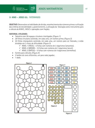 JOGOS MATEMÁTICOS 47
5º ANO - JOGO 05: FATORANDO
OBJETIVO: Desenvolver as habilidades de divisão, reconhecimento dos números primos e utilização
dos critérios de divisibilidade e, posteriormente, a utilização da fatoração como instrumento para
o cálculo do M.M.C., M.D.C e operações com frações.
MATERIAL UTILIZADO:
•	 Tabuleiro com 28 espaços circulares interligados; (Figura 1)
•	 28 fichas circulares contendo, em cada uma, um número primo; (Figura 2)
•	 20 fichas retangulares contendo, em cada uma, um número para ser fatorado, e estão
divididas em 3 níveis de dificuldade: (Figura 3)
	NÍVEL 1 (FÁCIL) - 5 fichas com números de 2 algarismos (amarelos);
	NÍVEL 2 (MÉDIO) – 10 fichas com números de 3 algarismos (azuis);
	NÍVEL 2 (DIFÍCIL) – 5 fichas com números de 4 algarismos (vermelhos).
•	 Cartela para cálculos; (Figura 4)
•	 2 botões de cores diferentes, um para cada jogador;
•	 1 dado.
 