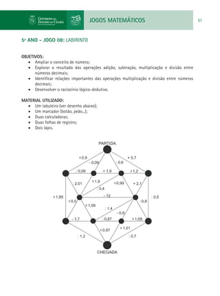 JOGOS MATEMÁTICOS 51
5º ANO - JOGO 08: LABIRINTO
OBJETIVOS:
•	 Ampliar o conceito de número;
•	 Explorar o resultado das operações adição, subtração, multiplicação e divisão entre
números decimais;
•	 Identificar relações importantes das operações multiplicação e divisão entre números
decimais;
•	 Desenvolver o raciocínio lógico-dedutivo.
MATERIAL UTILIZADO:
•	 Um tabuleiro (ver desenho abaixo);
•	 Um marcador (botão, peão...);
•	 Duas calculadoras;
•	 Duas folhas de registro;
•	 Dois lápis.
 