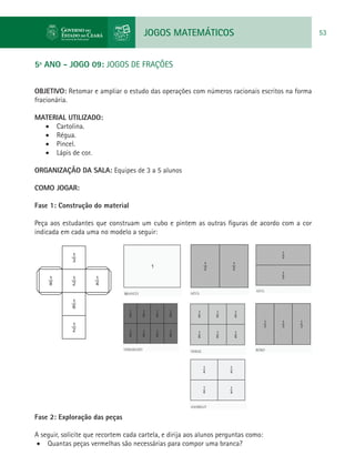 JOGOS MATEMÁTICOS 53
5º ANO - JOGO 09: JOGOS DE FRAÇÕES
OBJETIVO: Retomar e ampliar o estudo das operações com números racionais escritos na forma
fracionária.
MATERIAL UTILIZADO:
•	 Cartolina.
•	 Régua.
•	 Pincel.
•	 Lápis de cor.
ORGANIZAÇÃO DA SALA: Equipes de 3 a 5 alunos
COMO JOGAR:
Fase 1: Construção do material
Peça aos estudantes que construam um cubo e pintem as outras figuras de acordo com a cor
indicada em cada uma no modelo a seguir:
Fase 2: Exploração das peças
A seguir, solicite que recortem cada cartela, e dirija aos alunos perguntas como:
•	 Quantas peças vermelhas são necessárias para compor uma branca?
 