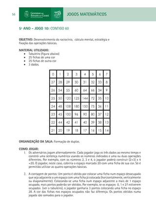 JOGOS MATEMÁTICOS56
5º ANO - JOGO 10: CONTIGo 60
OBJETIVO: Desenvolvimento do raciocínio, cálculo mental, estratégia e
fixação das operações básicas.
MATERIAL UTILIZADO:
•	 Tabuleiro (figura abaixo)
•	 25 fichas de uma cor
•	 25 fichas de outra cor
•	 3 dados.
ORGANIZAÇÃO DA SALA: Formação de duplas.
COMO JOGAR:
1.	 Os adversários jogam alternadamente. Cada jogador joga os três dados ao mesmo tempo e
constrói uma sentença numérica usando os números indicados e uma ou duas operações
diferentes. Por exemplo, com os números 2, 3 e 4, o jogador poderá construir (2+3) x 4
=20. O jogador, neste caso, cobriria o espaço marcado 20 com uma ficha de sua cor. Só é
permitido utilizar as quatro operações básicas.
2.	 A contagem de pontos: Um ponto é obtido por colocar uma ficha num espaço desocupado
que seja adjacente a um espaço com uma ficha já colocada (horizontalmente, verticalmente
ou diagonalmente). Colocando-se uma ficha num espaço adjacente a mais de 1 espaço
ocupado, mais pontos poderão ser obtidos. Por exemplo, se os espaços 0, 1 e 27 estiverem
ocupados (ver o tabuleiro), o jogador ganharia 3 pontos colocando uma ficha no espaço
28. A cor das fichas nos espaços ocupados não faz diferença. Os pontos obtidos numa
jogada são somados para o jogador.
 